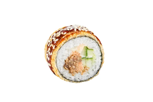 Sushi Roll Isolato Sfondo Bianco Cucina Tradizionale Giapponese Pezzo Zenzero — Foto Stock