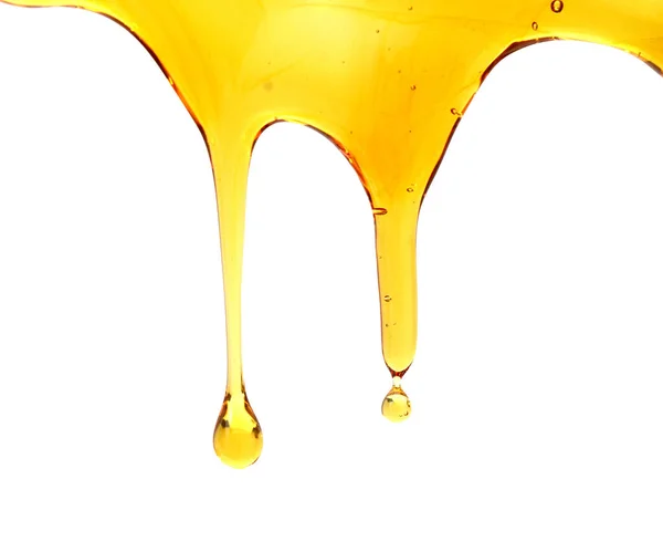 Honingdruppel Geïsoleerd Witte Achtergrond Zoet Honing Gieten Close — Stockfoto