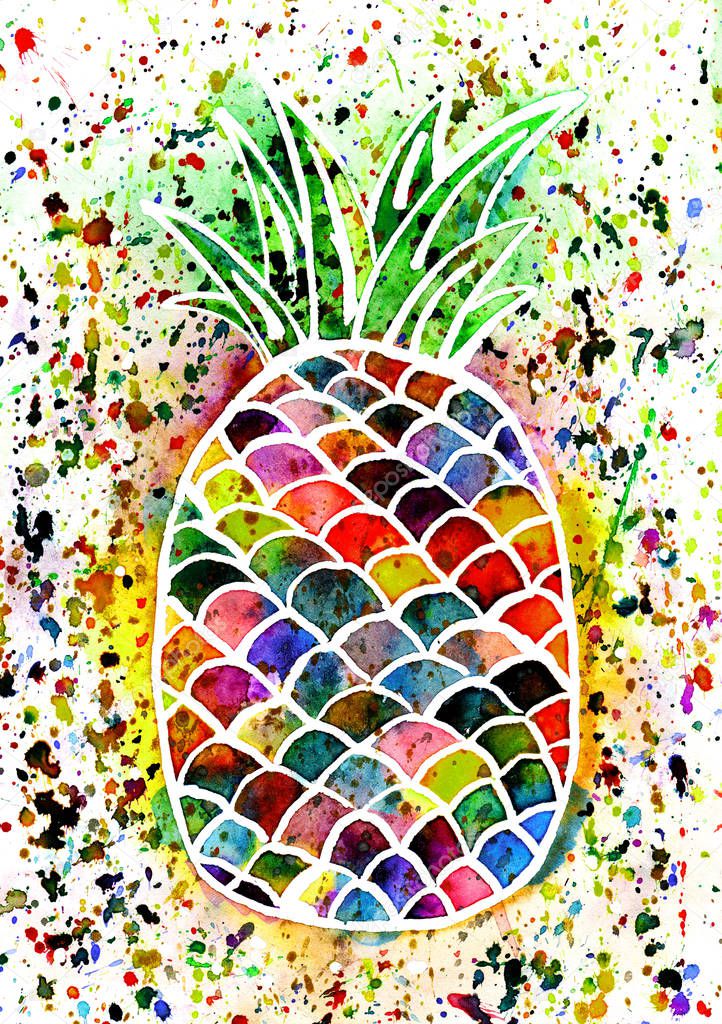 Stylized  watercolor pineapple on a multi colorful background