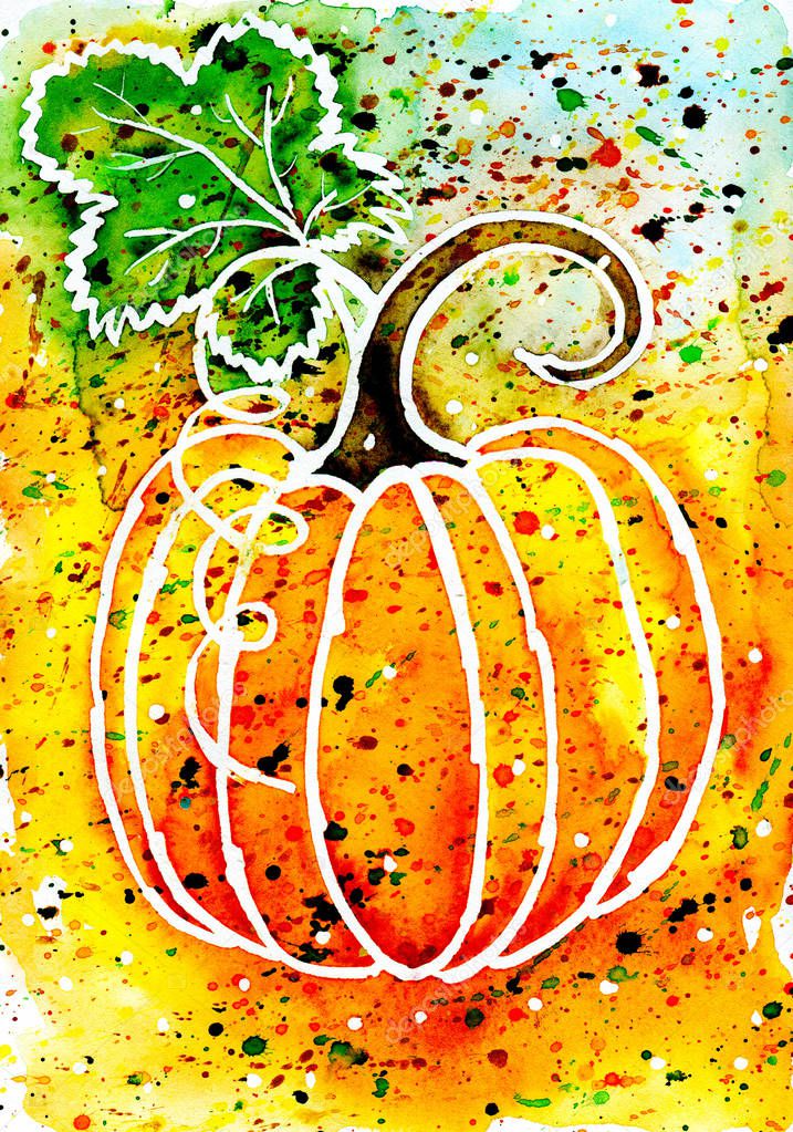 Stylized  watercolor pumpkin on a colorful yellow-orange background