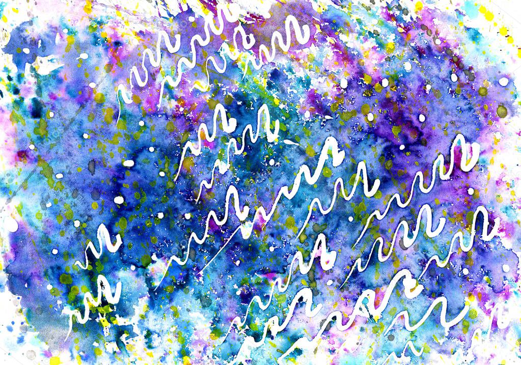 Abstract multicolored blue and lilac paint stain with spots and white elements