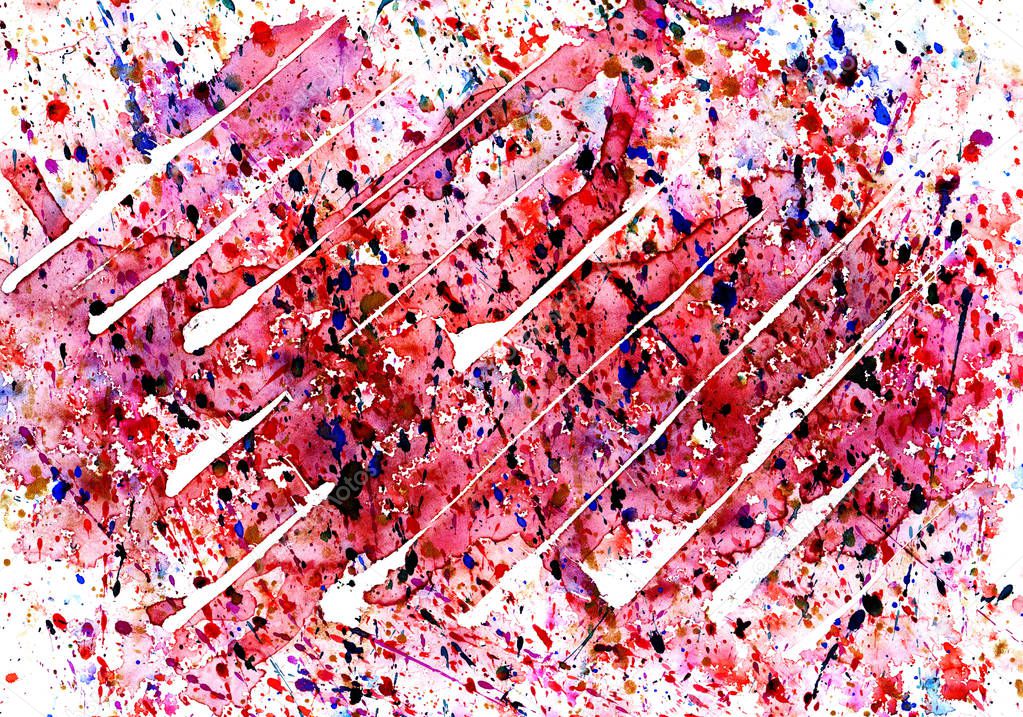 Abstract multicolored red paint stain with spots and white elements