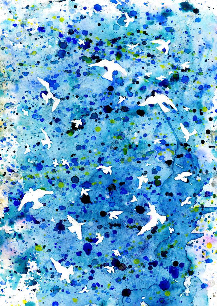 Abstract multicolored blue paint stain with spots and white elements of birds in the sky