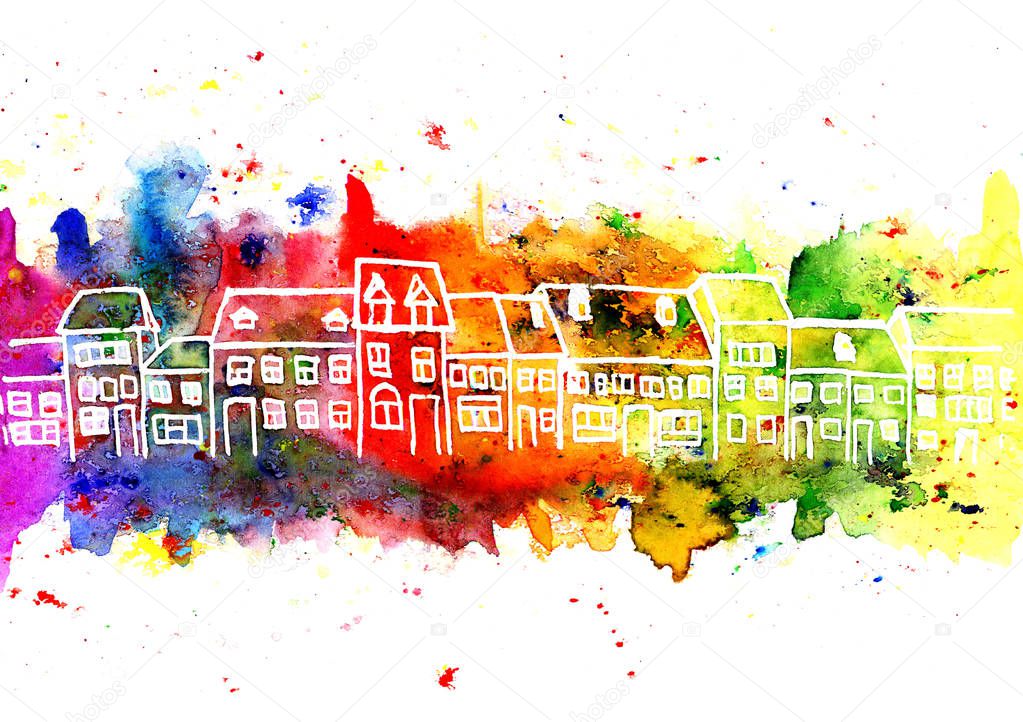 Stylized  watercolor line of houses in the scandinavia style on a mulricolor background