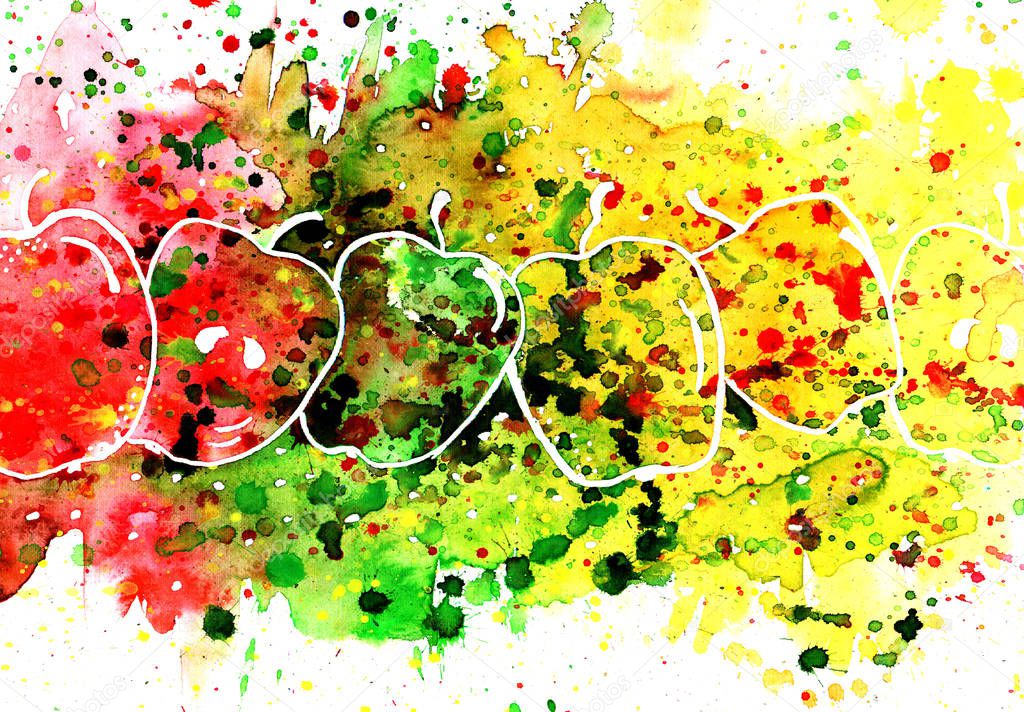 Stylized  watercolor line of apples on a mulricolor background