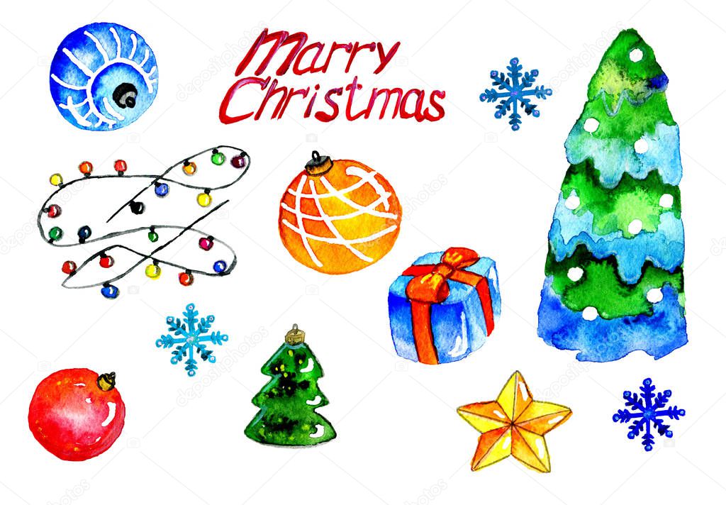 Watercolor set of New year Christmas elements. Illustration for design