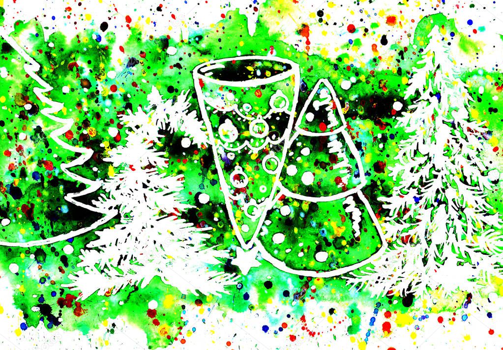 Stylized  watercolor line of Christmas trees on a green background with multicolor splashes. Illustration for design