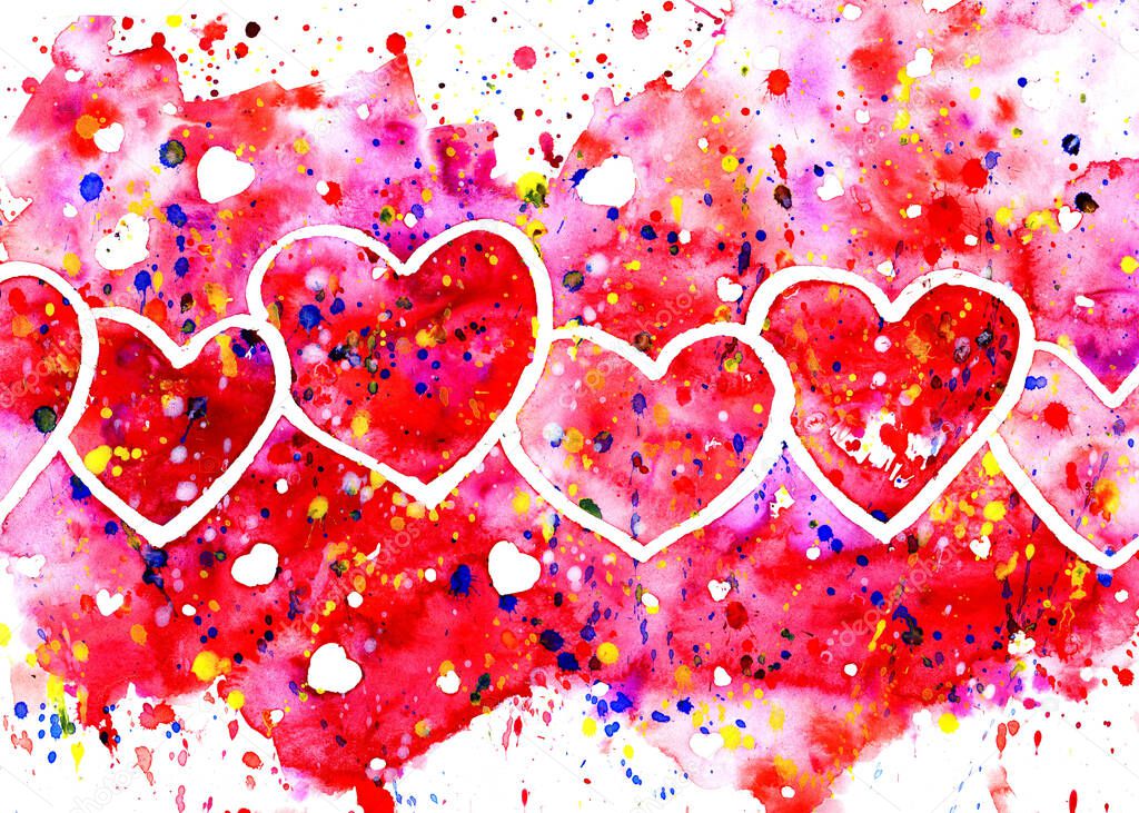 Stylized  watercolor line of hearts on a mulricolor background. Illustration for design