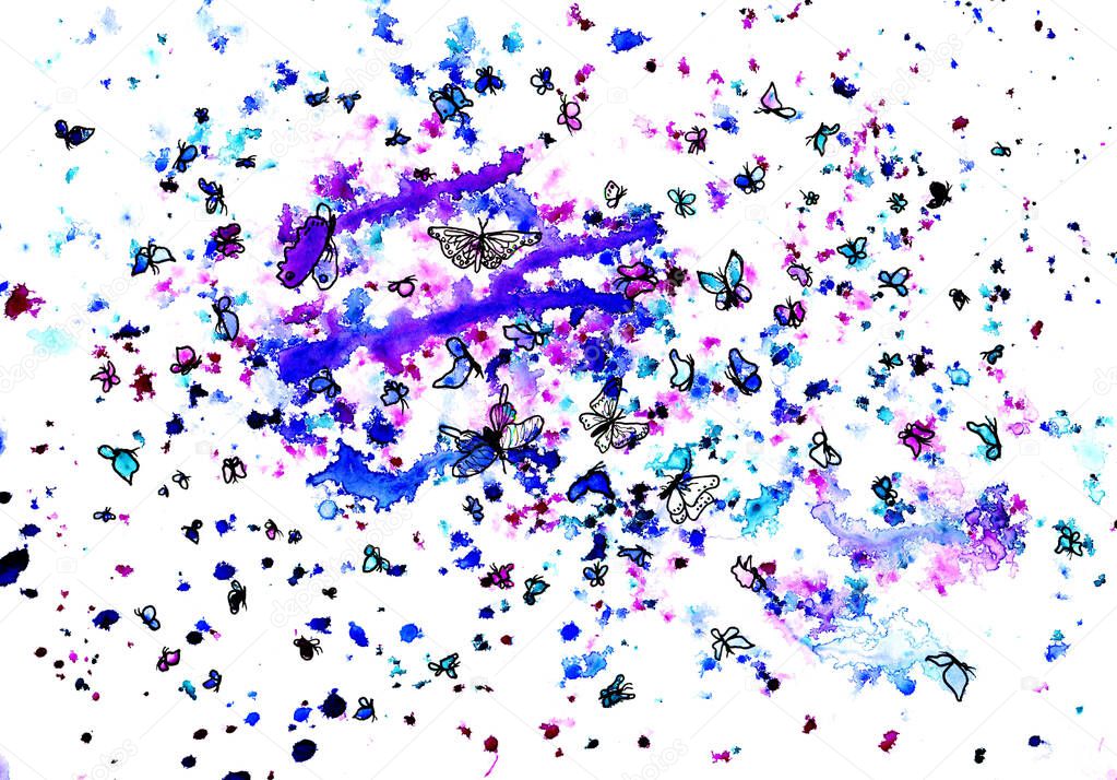 Abstract blue watercolor background. A swarm of butterflies. Butterfly outline. Illustration for design