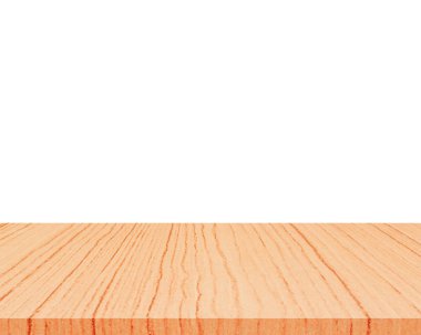 Ürün görüntü montajı için beyaz arka plan üzerinde boş ahşap masa üstü izole