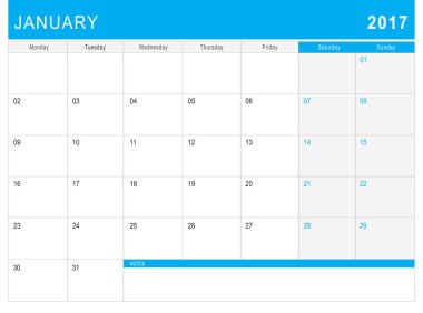 2017 Ocak takvim (veya Resepsiyon Planlayıcısı) ile notlar