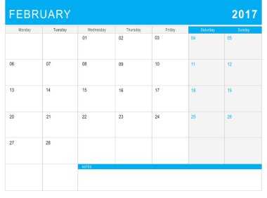 2017 Şubat takvim (veya Resepsiyon Planlayıcısı) ile notlar