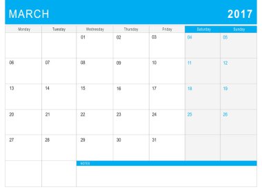 2017 Mart takvim (veya Resepsiyon Planlayıcısı) ile notlar