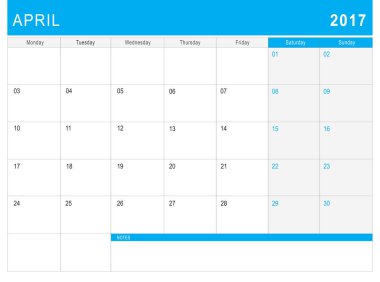 2017 Nisan takvimi (veya Resepsiyon Planlayıcısı) notları