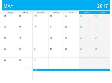 2017 olabilir notları ile takvim (veya Resepsiyon Planlayıcısı)
