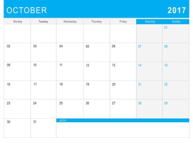 2017 Ekim takvimi (veya Resepsiyon Planlayıcısı) ile notlar
