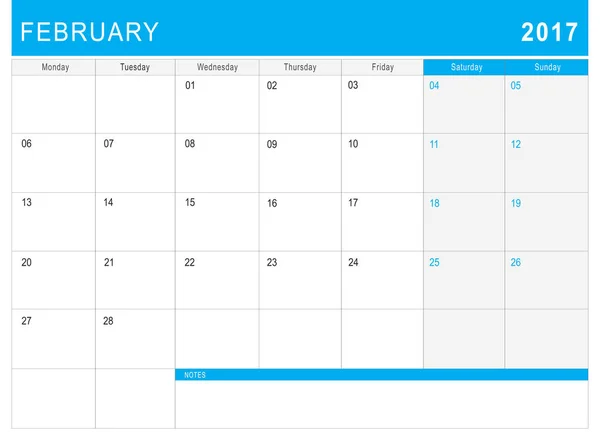 Calendario (o desk planner) febbraio 2017 con note — Foto Stock