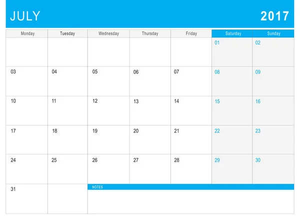 Calendário de julho 2017 (ou planejador de mesa) com notas — Fotografia de Stock