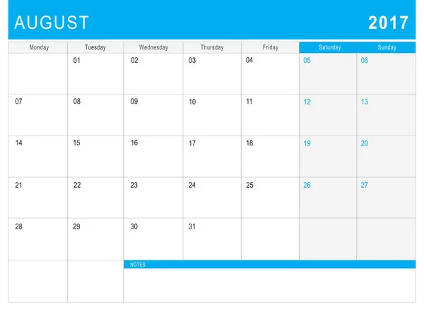 Kalendarz sierpnia 2017 (lub biurko planner), z uwagi — Zdjęcie stockowe