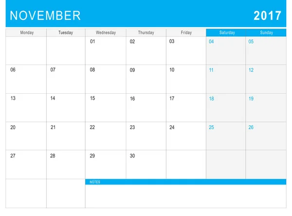 与笔记的 2017 年 11 月日历 （或桌子规划师） — 图库照片