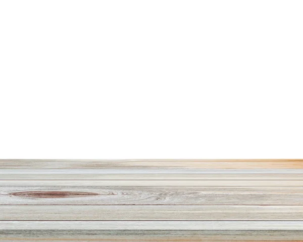 Tampo de mesa de madeira vazio isolado no fundo branco para montagens de exibição de produtos — Fotografia de Stock