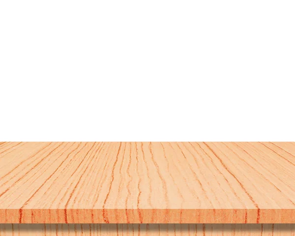Masă goală din lemn izolată pe fundal alb pentru afișarea montajului produselor dvs. — Fotografie, imagine de stoc