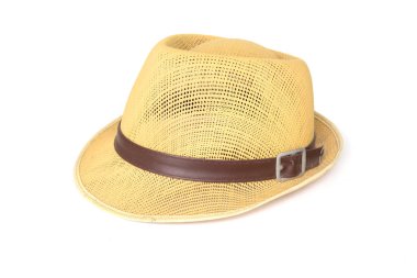 Beyaz arka plan üzerinde izole vintage hasır şapka Fasion vardır.