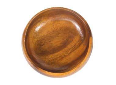 Boş yuvarlak ahşap kase izole beyaz arka plan, gıda görüntü montaj, üstten görünüm.