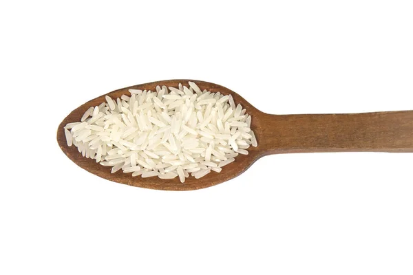 Белый рис (тайский жасминовый рис) в деревянной ложке изолирован на белом фоне, вырезая дорожку . — стоковое фото