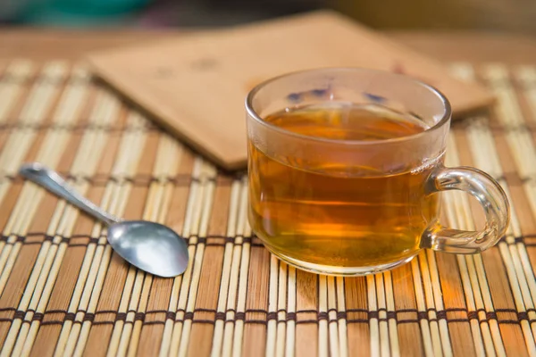 Coupe Thé Verre Cuillère Café Sur Table Bois — Photo