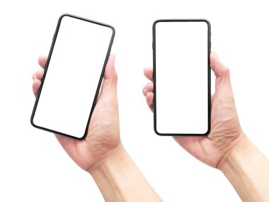 Beyaz arkaplanda kırpma yolu ile izole edilmiş boş ekran ile siyah akıllı telefonu tutan bir erkek eli seti.