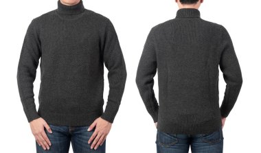 Erkek model düz gri süveter ya da uzun kollu tişört şablonu giyer. Beyaz arkaplanda kırpma yolu, ön ve arka görünümü ile izole edilmiş..