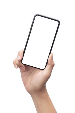 Beyaz arkaplanda kırpma yolu ile izole siyah ekranlı akıllı telefonu tutan erkek el.