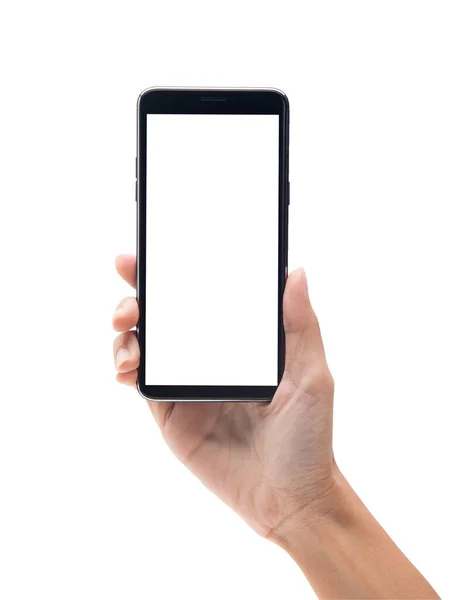 Frau Hält Schwarzes Smartphone Mit Leerem Bildschirm Auf Weißem Hintergrund — Stockfoto