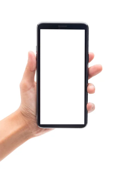 Kobieta Trzyma Czarny Smartfon Pustym Ekranem Odizolowanym Białym Tle Ścieżką — Zdjęcie stockowe