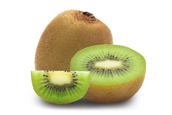 Reife Ganze Kiwi Früchte Und Die Hälfte Und Scheibe Isoliert — Stockfoto