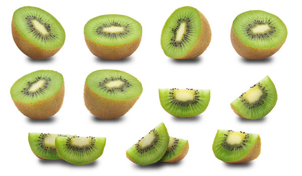 Set of half kiwi fruit and slice isolated on white background with clipping path
