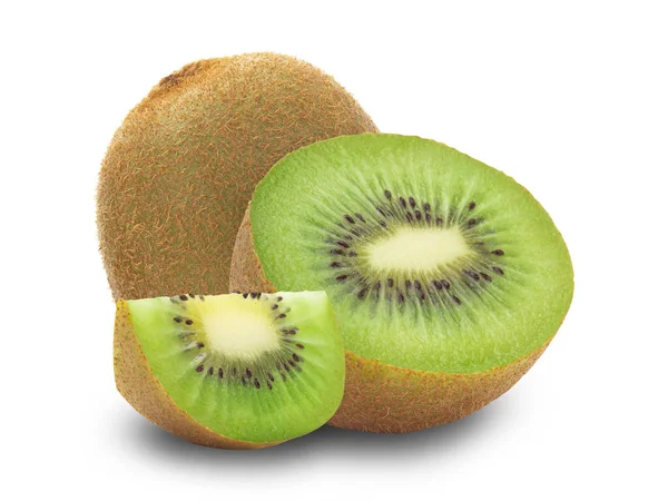 Reife Ganze Kiwi Früchte Und Die Hälfte Und Scheibe Isoliert — Stockfoto