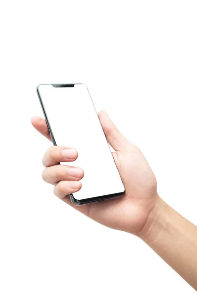 Mannelijke Hand Houden Van Zwarte Smartphone Met Blanco Scherm Geïsoleerd — Stockfoto