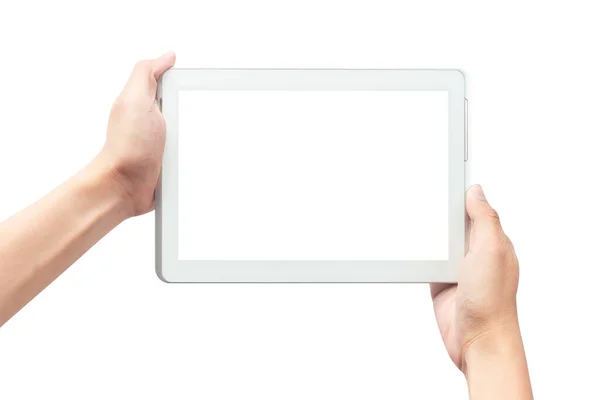 Mężczyzna Ręka Trzymając Biały Tablet Komputer Pusty Ekran Odizolowany Białym — Zdjęcie stockowe