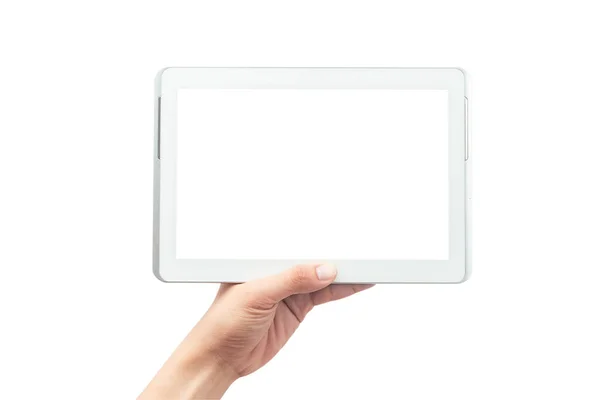 Mężczyzna Ręka Trzymając Biały Tablet Komputer Pusty Ekran Odizolowany Białym — Zdjęcie stockowe