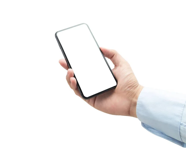 Geschäftsmann Hält Das Schwarze Smartphone Mit Leerem Bildschirm Isoliert Auf — Stockfoto