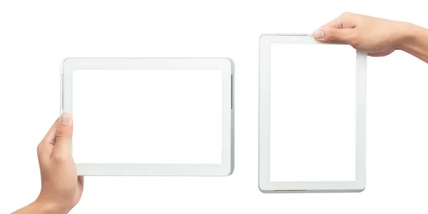 Mão Masculina Segurando Computador Tablet Branco Com Tela Branco Isolado — Fotografia de Stock