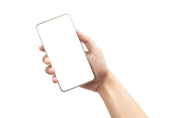 Männliche Hand Hält Das Goldene Smartphone Mit Leerem Bildschirm Isoliert — Stockfoto