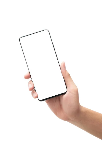 Männliche Hand Hält Das Schwarze Smartphone Mit Leerem Bildschirm Isoliert — Stockfoto