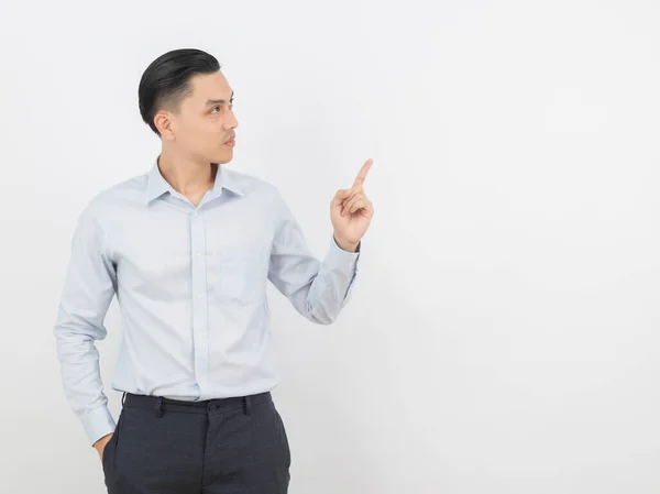 Young Asian Business Man Blue Shirt Pointing Side Finger Present — Stock Photo, Image