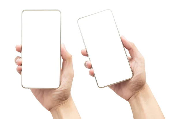 Zestaw Męskiej Dłoni Trzymającej Złoty Smartfon Pustym Ekranem Izolowanym Białym — Zdjęcie stockowe