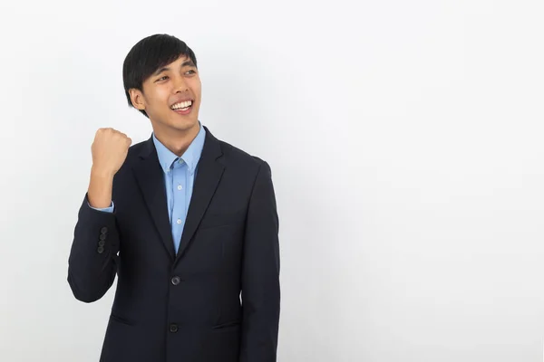 Spännande Unga Företag Asiatisk Man Höja Knytnävarna Med Glad Glad — Stockfoto