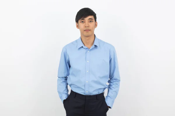 Ung Vacker Asiatisk Affärsman Som Vill Kameran Isolerad Vit Bakgrund — Stockfoto