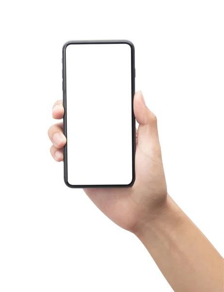 Beyaz arkaplanda kırpma yolu ile izole siyah ekranlı akıllı telefonu tutan erkek el.